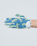 Gardening glove with blue and green pattern on a white background