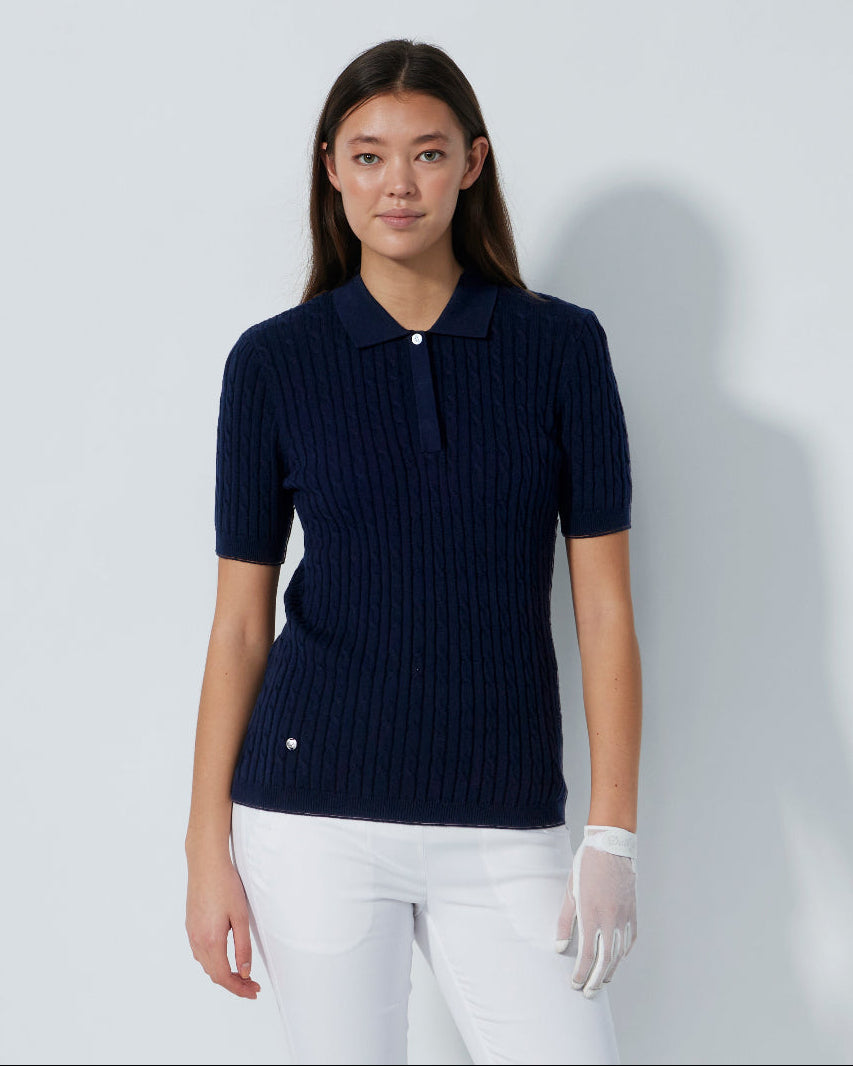 Madelene Dark Navy Cable Knit Short Sleeve Polo Shirt – Daily