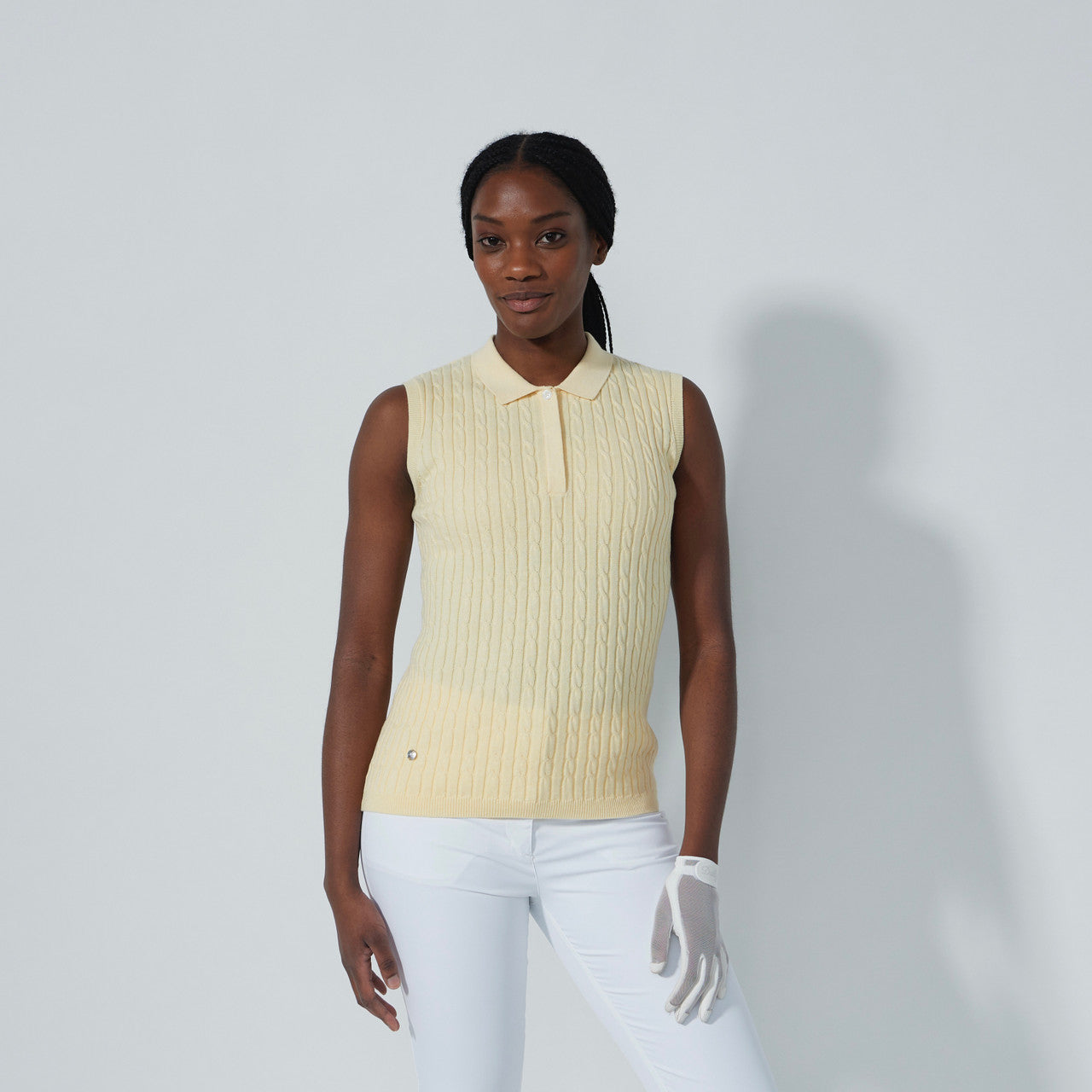 DS Light Yellow Cable Knit Sleeveless Polo Shirt | Daily Sports USA
