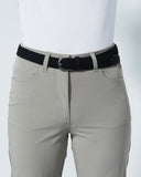 Light gray pants with a black belt on a white background