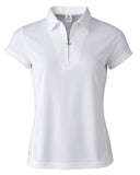 White polo shirt with a quarter zip on a white background
