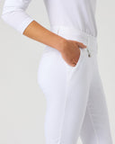 White fitted riding breeches with a zippered fly and side pocket, shown on a model from the waist down against a light gray studio background.