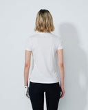 Person wearing a white t-shirt with a black stripe on a plain background