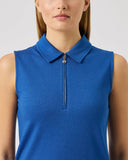 Blue sleeveless polo shirt worn by a person on a light gray background