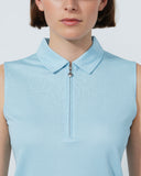 Light blue sleeveless dress with a zipper detail on a plain background