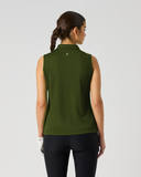 A woman shown from the back wearing a sleeveless collared athletic top in olive green, paired with black leggings, against a light gray studio background.