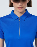 Blue polo shirt with a zipper on a plain background