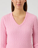 Person wearing a pink ribbed sweater against a plain background