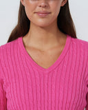 Woman wearing a pink sweater against a plain background