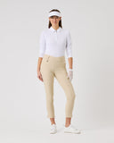 Person wearing a white shirt, beige pants, and a visor on a white background