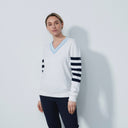 DS Lima White V-Neck Sweater with Navy Stripes