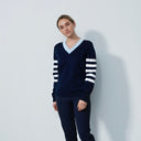 DS Lima Dark Navy V-Neck Sweater with White Stripes