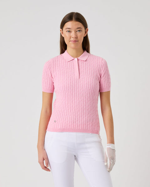 Madelene Prism Pink Cable Knit Short Sleeve Polo Shirt – Daily