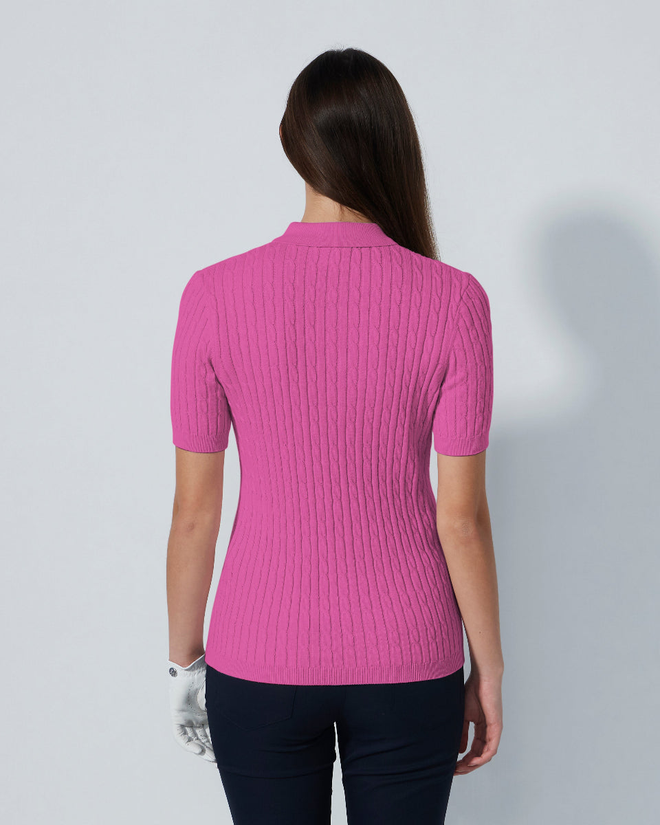 Madelene Radiant Pink Cable Knit Short Sleeve Polo Shirt – Daily