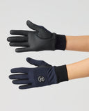 Daily Sports Ella Navy Gloves with Logo in dark navy blue – women's golf gloves showing camel suede back with circular logo patch and black leather palm, both sides view