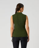 A woman viewed from the back wearing a sleeveless ribbed knit mock-neck top in olive green, paired with black leggings, against a light gray studio background.