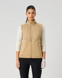 Daily Sports Allos Bark Hybrid Vest in warm camel tan – women's quilted front zip-up golf vest with fleece back panel, front view