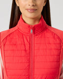 Daily Sports Allos Poppy Red Hybrid Vest close-up of horizontal quilted front panel, full-zip closure with silver logo zipper pull and stand collar detail
