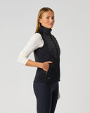 Daily Sports Allos Black Hybrid Vest in black – women's hybrid golf vest side view showing zip hand pocket, quilted front panel and tailored silhouette