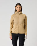 Daily Sports Allos Bark Hybrid Jacket in warm camel tan – women's hooded full-zip hybrid golf jacket with quilted front panel, front view