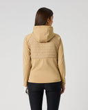 Daily Sports Allos Bark Hybrid Jacket in warm camel tan – women's hooded hybrid golf jacket showing tonal quilted back panel and fleece sleeves, back view