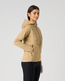 Daily Sports Allos Bark Hybrid Jacket in warm camel tan – women's hooded hybrid golf jacket side view showing zip hand pocket, quilted-to-fleece panel transition and tailored fit