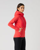 Daily Sports Allos Light Blue Hybrid Jacket in soft powder blue – women's hooded hybrid golf jacket side view showing zip hand pocket, quilted-to-fleece panel transition and tailored fit