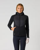 Daily Sports Allos Black Hybrid Jacket in black – women's hooded full-zip hybrid golf jacket with quilted front panel and fleece sleeves, front view