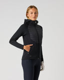 Daily Sports Allos Black Hybrid Jacket in black – women's hooded hybrid golf jacket side view showing zip hand pocket, quilted front panel and tailored fit