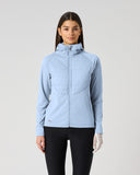 Daily Sports Allos Light Blue Hybrid Jacket in soft powder blue – women's hooded full-zip hybrid golf jacket with quilted front panel, front view