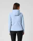 Daily Sports Allos Light Blue Hybrid Jacket in soft powder blue – women's hooded hybrid golf jacket showing tonal quilted back panel and fleece sleeves, back view