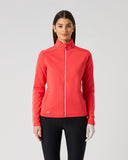 Daily Sports Cholet Poppy Red Full Zip Midlayer Jacket in bold poppy red – women's slim-fit fleece golf jacket with stand collar and silver zipper, front view