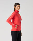 Daily Sports Cholet Poppy Red Full Zip Midlayer Jacket in bold poppy red – women's fleece golf jacket side view showing zip hand pocket, silver zipper pull and glossy stripe sleeve detail
