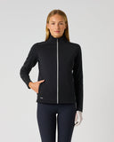 Daily Sports Cholet Black Full Zip Midlayer Jacket in black – women's slim-fit fleece golf jacket with stand collar, white zipper and glossy stripe sleeve detail, front view