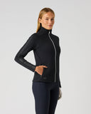 Daily Sports Cholet Black Full Zip Midlayer Jacket in black – women's fleece golf jacket side view showing zip hand pocket, white zipper pull and glossy stripe sleeve panel detai