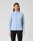 Daily Sports Cholet Light Blue Full Zip Midlayer Jacket in soft powder blue – women's slim-fit fleece golf jacket with stand collar and lime green zipper, front view