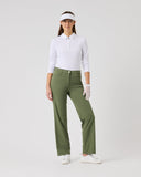 Person wearing a white shirt, green pants, and a visor on a white background