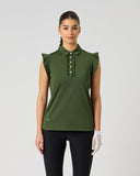Daily Sports Frill Khakora Sleeveless Polo Shirt in olive khaki green – women's sleeveless golf polo with ruffle flutter sleeves, ruffled button placket and classic collar, front view on model