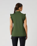 Daily Sports Frill Khakora Sleeveless Polo Shirt in olive khaki green – women's sleeveless golf polo showing ruffle flutter sleeve detail and clean back panel with tailored fit, back view on model