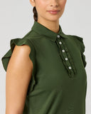 Daily Sports Frill Khakora Sleeveless Polo Shirt close-up of olive green ruffle flutter sleeve, ruffled button placket with pearl-style buttons and classic polo collar detail