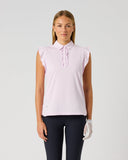 Daily Sports Frill Pink Sleeveless Polo Shirt in light pink – women's sleeveless golf polo with ruffle flutter sleeves, ruffled button placket and classic collar, front view on model
