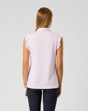 Daily Sports Frill Pink Sleeveless Polo Shirt in light pink – women's sleeveless golf polo showing ruffle flutter sleeve detail and clean back panel with tailored fit, back view on model