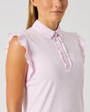 Daily Sports Frill Pink Sleeveless Polo Shirt close-up of light pink ruffle flutter sleeve, ruffled button placket with pearl-style buttons and classic polo collar detail