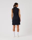 Woman wearing a black sleeveless dress on a white background