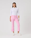 Person wearing a white shirt and pink pants on a white background