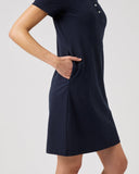 Navy blue dress worn by a person on a light gray background