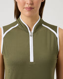 Green sleeveless top with white zipper on a plain background