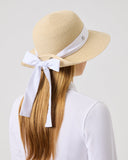 Woman wearing a straw hat with a white ribbon on a plain background