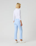Daily Sports Flare Light Blue Ankle Pants in powder blue – women's slim-fit flare leg golf pants showing clean back panel and ankle-length hem, back view