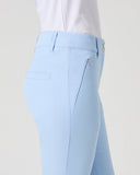 Daily Sports Flare Light Blue Ankle Pants close-up of powder blue waistband with logo button closure and angled zip side pocket detail